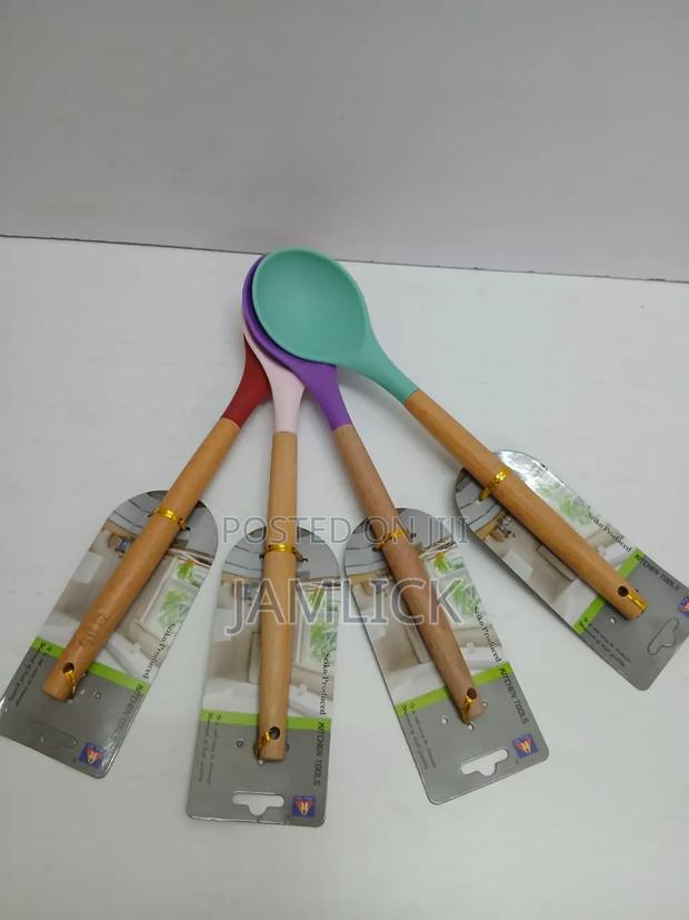 4pcs Set Silicone Wooden Handle Serving Spoon - Bz - thumbnail 2