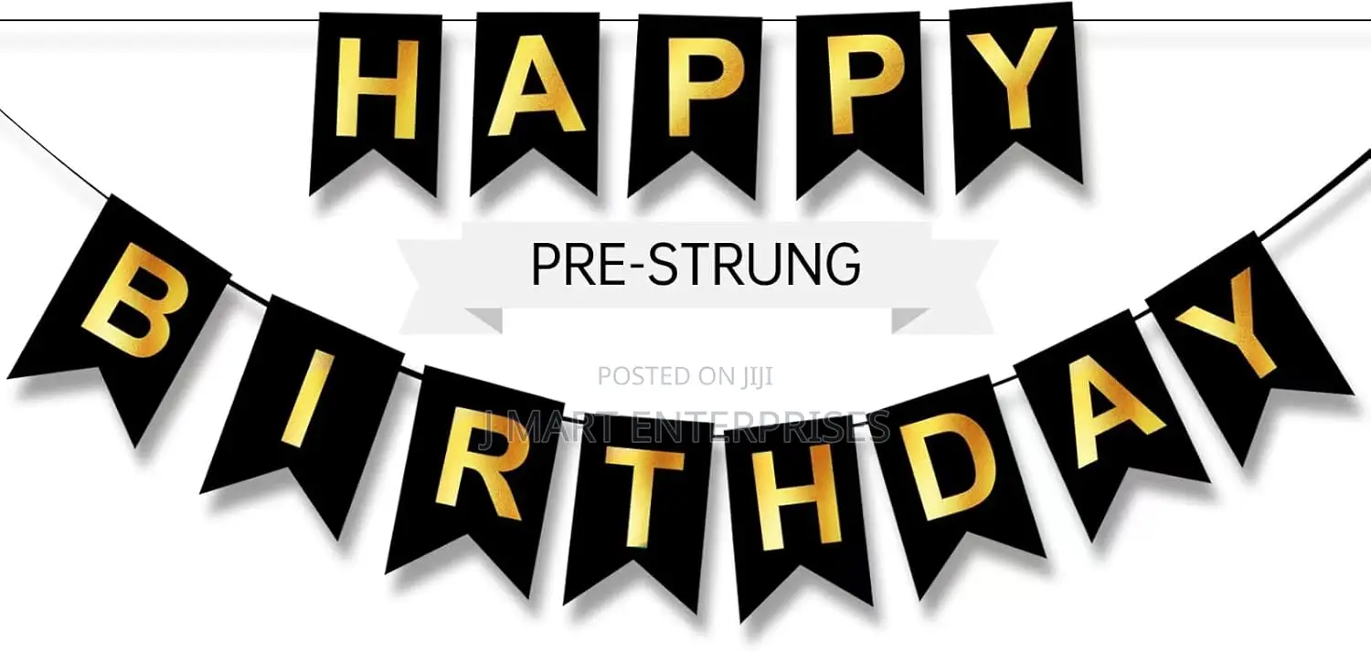 Happy Birthday Banner,Pre-Strung Black and Gold Party Decor