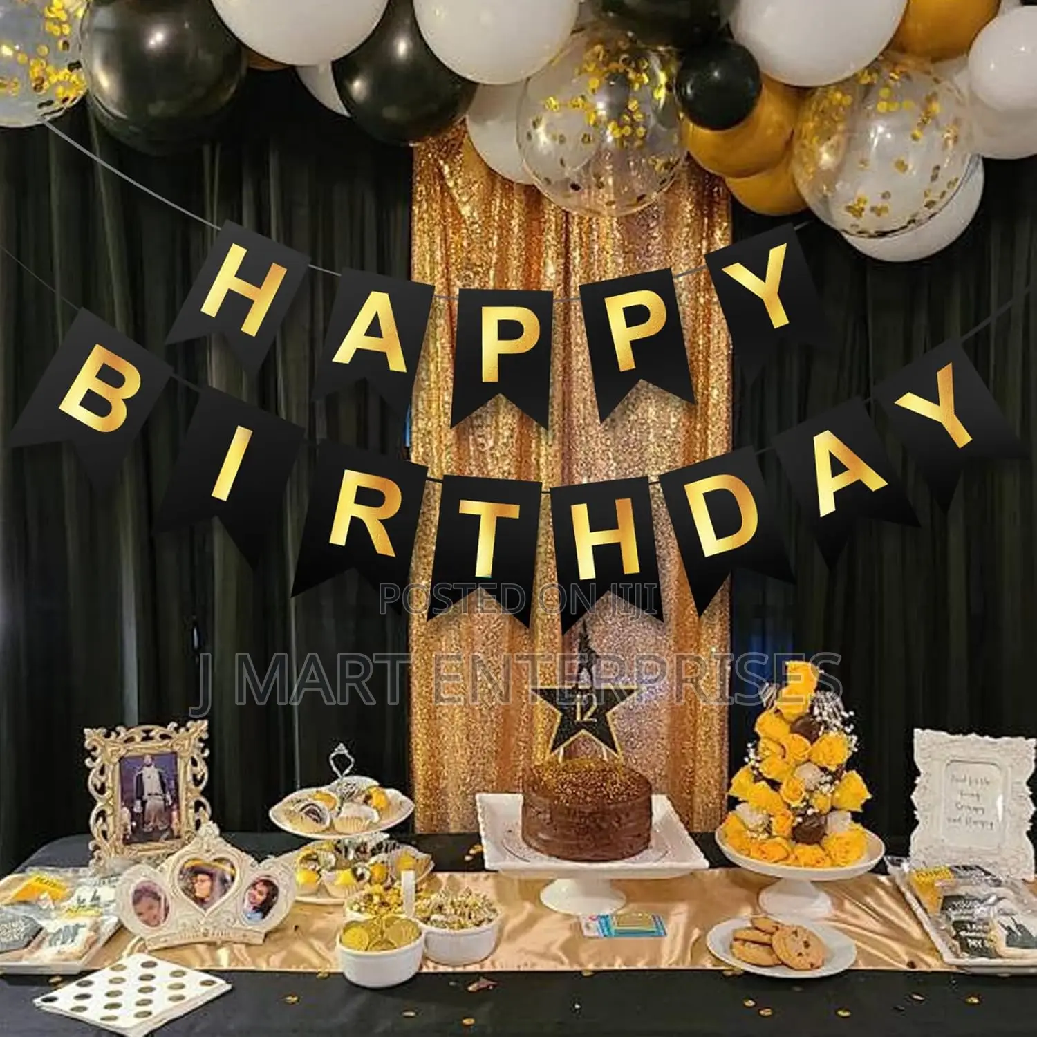 Happy Birthday Banner,Pre-Strung Black and Gold Party Decor