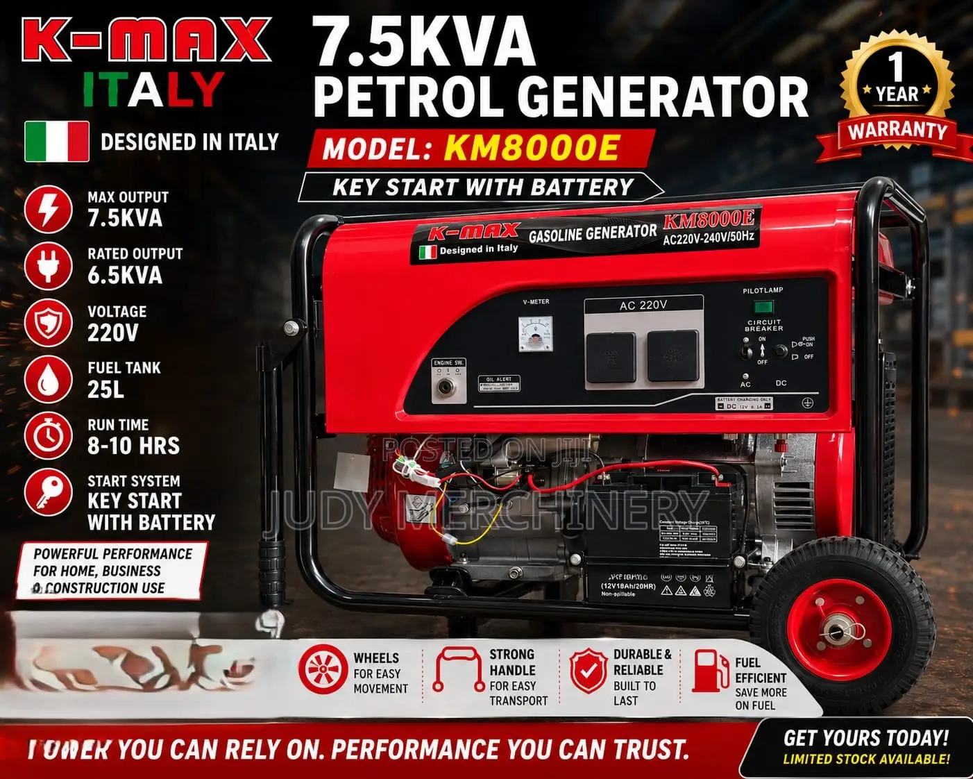 Kmax Italy 7.5kva Petrol Generator