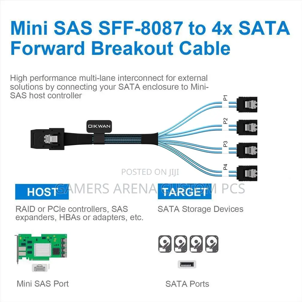 Mini Sas to 4 Sata Cable, SFF 8087 Host/Controller to 7 Pin Sata