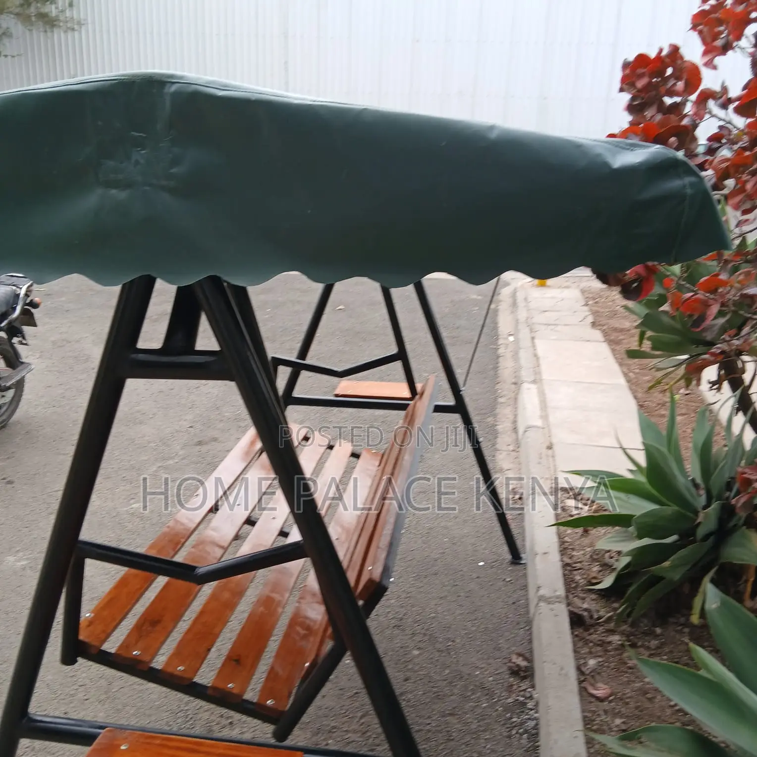 Outdoor Bench: Solid Wood Swing Bench With Shade and Metal Frame