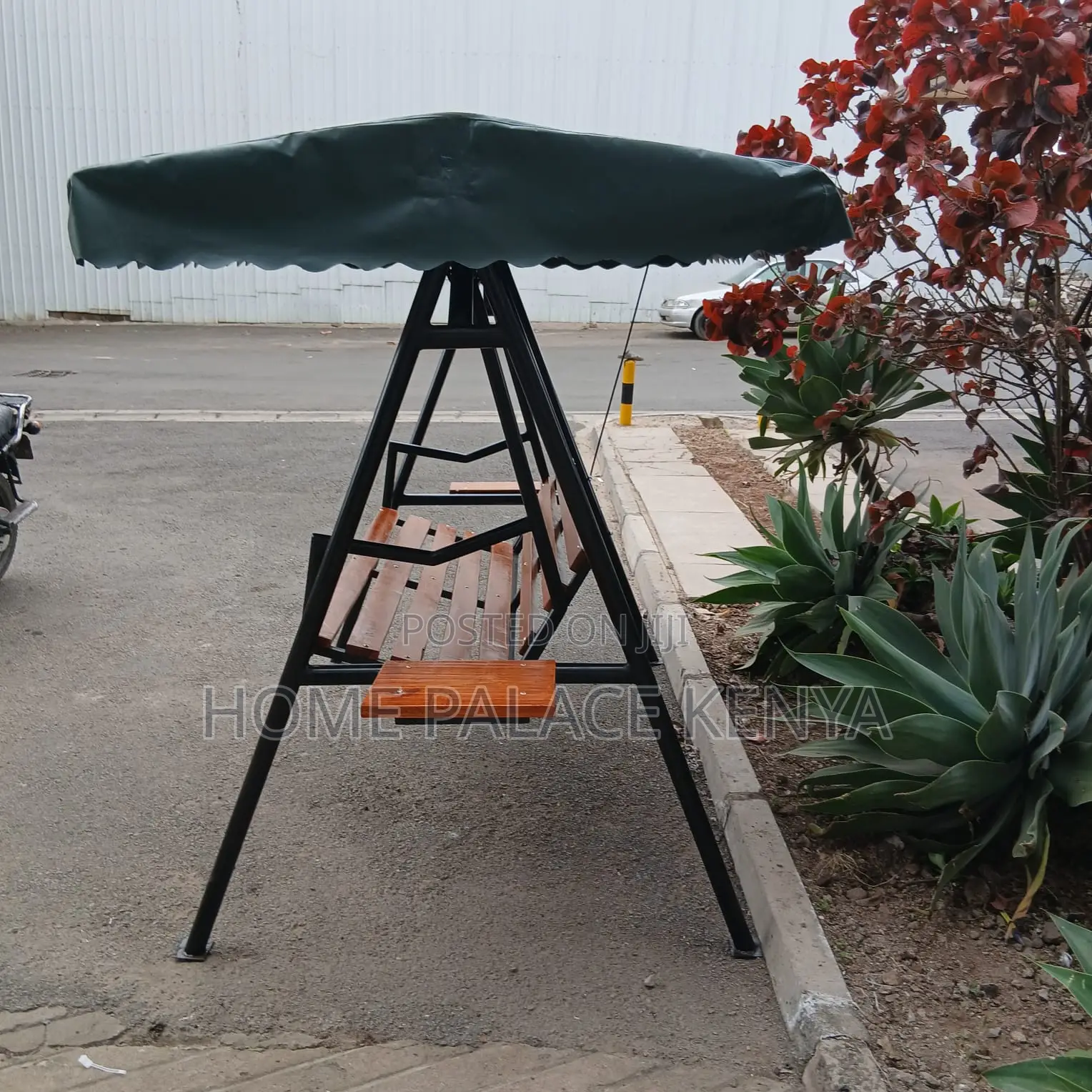Outdoor Bench: Solid Wood Swing Bench With Shade and Metal Frame