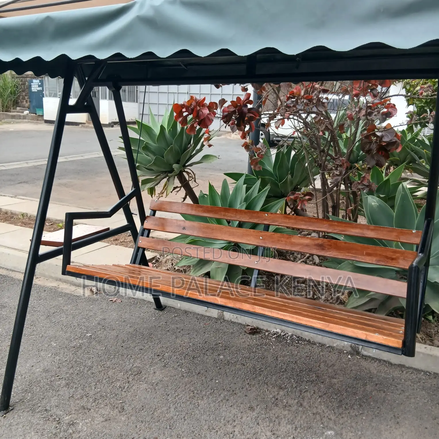 Outdoor Bench: Solid Wood Swing Bench With Shade and Metal Frame