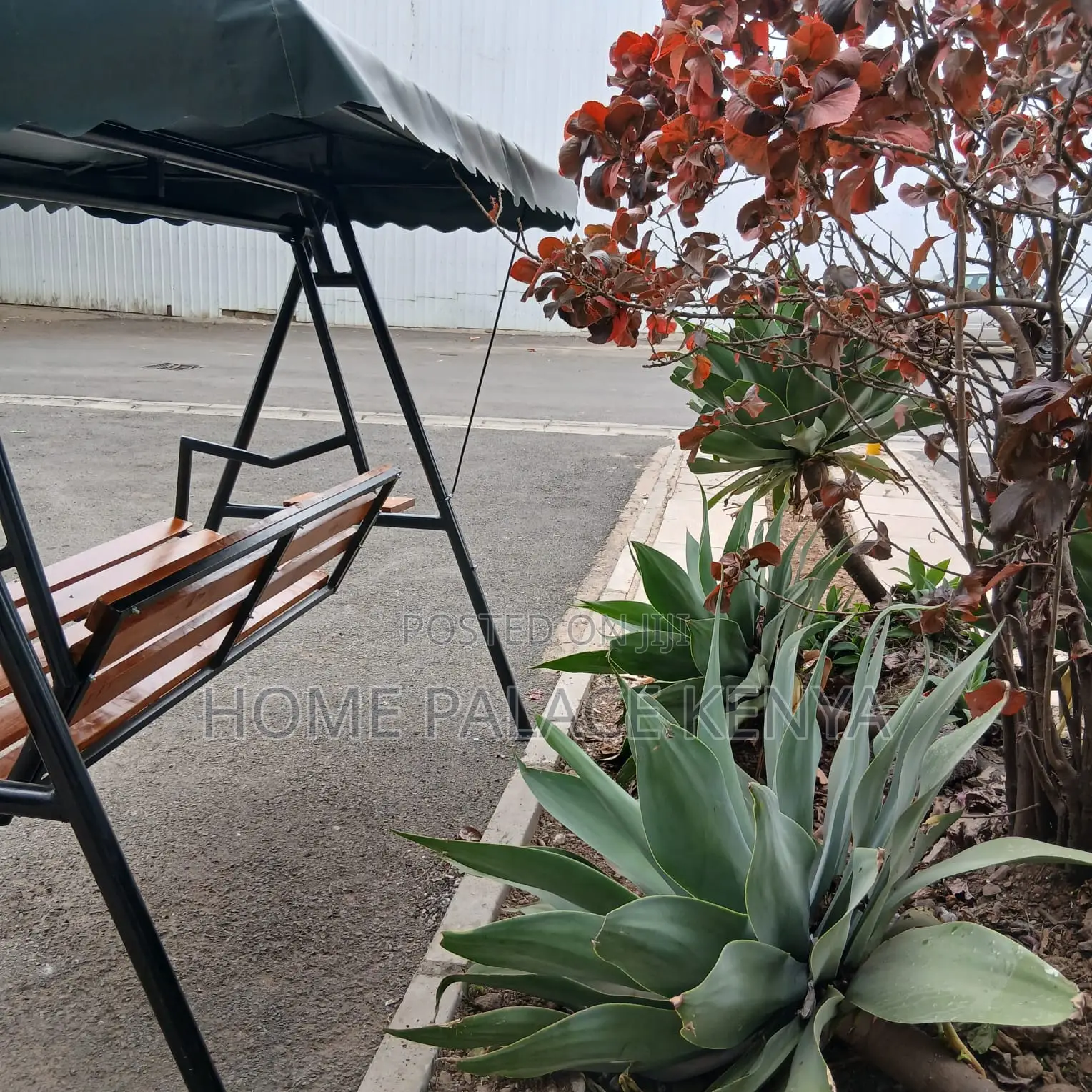 Outdoor Bench: Solid Wood Swing Bench With Shade and Metal Frame