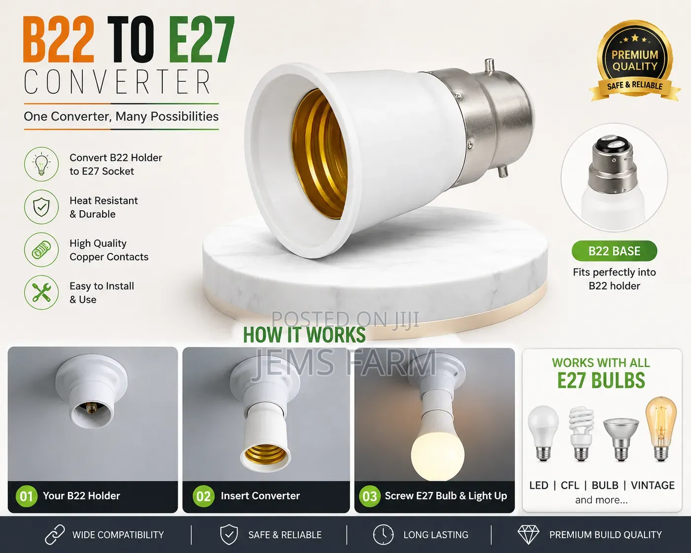 B22 to E27/ Pin to Screw Converter for Bulb Holder