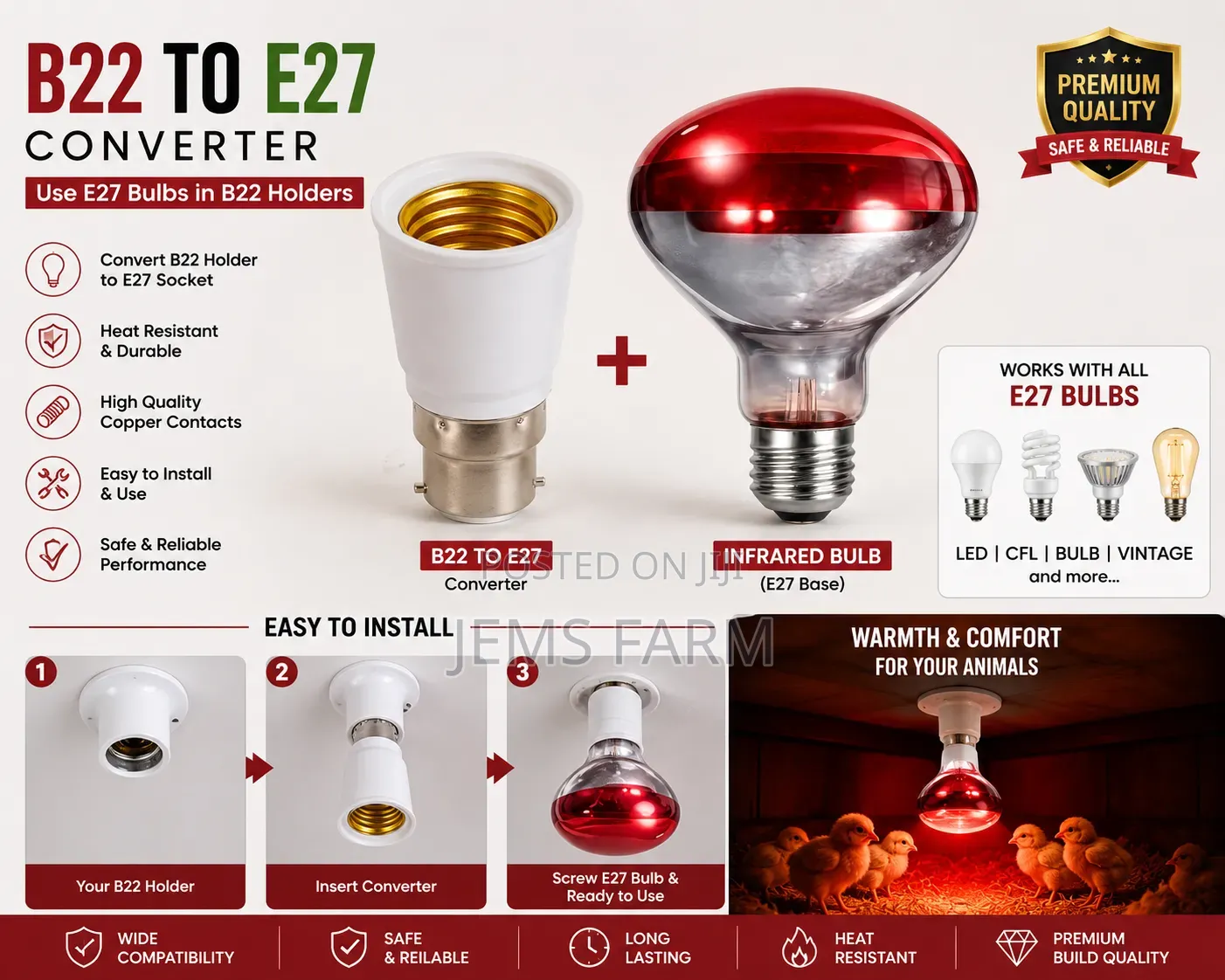 B22 to E27/ Pin to Screw Converter for Bulb Holder