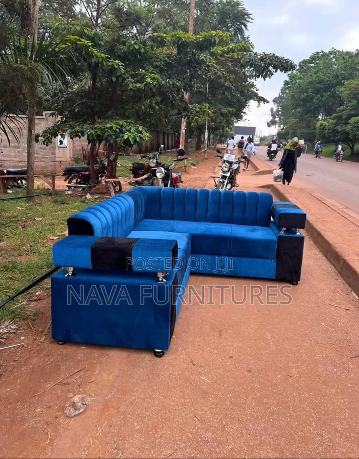 Blue and Black L-Shaped 5 Seater Sofa