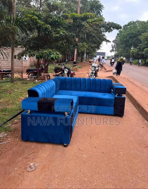Blue and Black L-Shaped 5 Seater Sofa