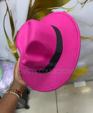 Pink Unisex Wide Brim Fedora Hats With Black Ribbon