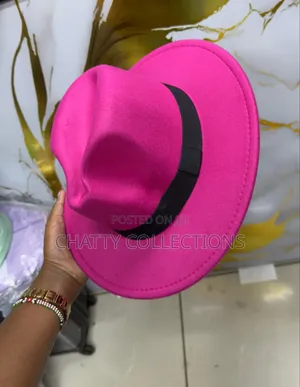 Pink Unisex Wide Brim Fedora Hats With Black Ribbon