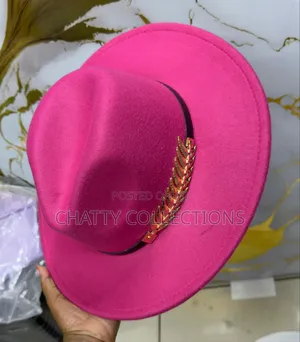 Hot Pink Unisex Wide Brim Fedora Hats With Black and Gold Ribbon