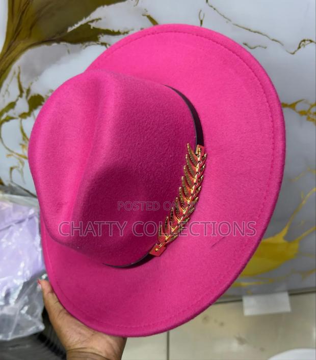 Hot Pink Unisex Wide Brim Fedora Hats With Black and Gold Ribbon