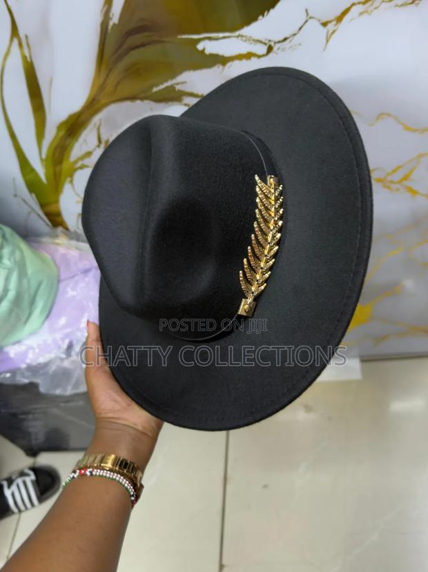 Black Unisex Wide Brim Fedora Hats With Black and Gold Ribbon