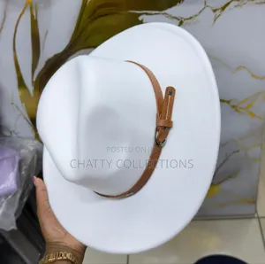 White Unisex Wide Brim Fedora Hats With Brown Leather Strap