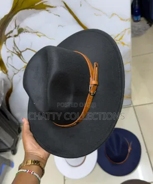Black Unisex Wide Brim Fedora Hats With Brown Leather Strap
