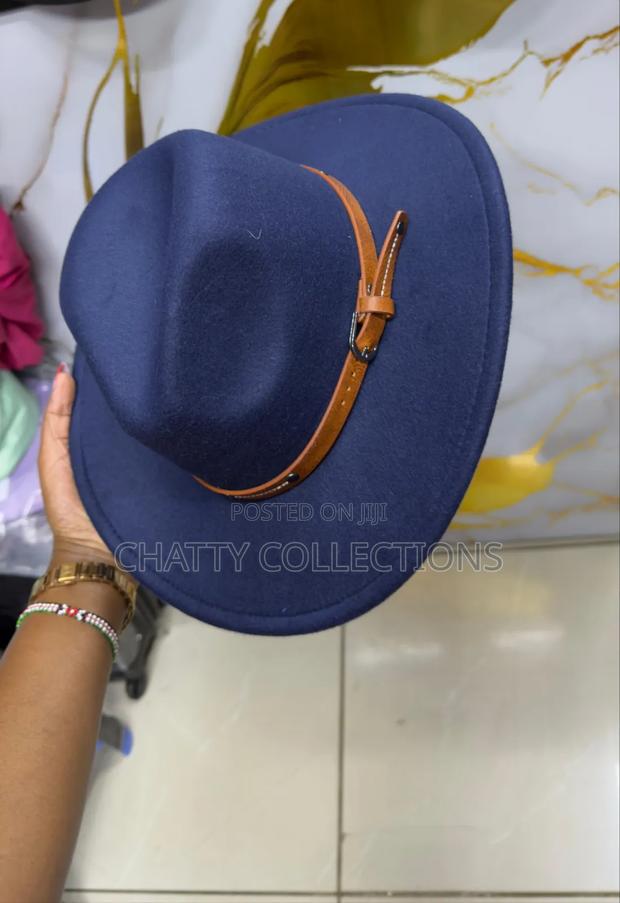 Navy Blue Unisex Wide Brim Fedora Hats With Brown Leather Strap - thumbnail 2