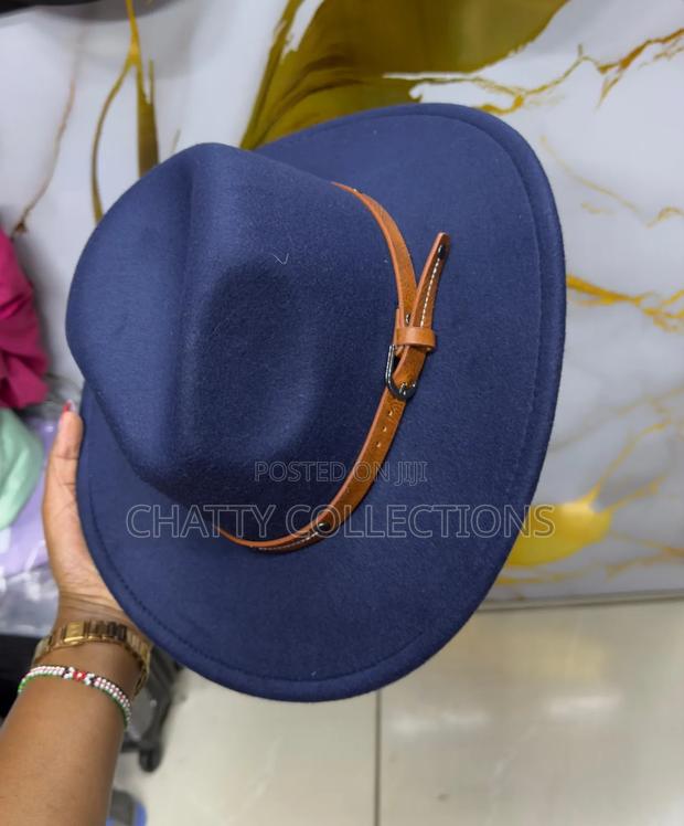 Navy Blue Unisex Wide Brim Fedora Hats With Brown Leather Strap - thumbnail 3