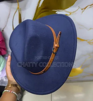 Navy Blue Unisex Wide Brim Fedora Hats With Brown Leather Strap