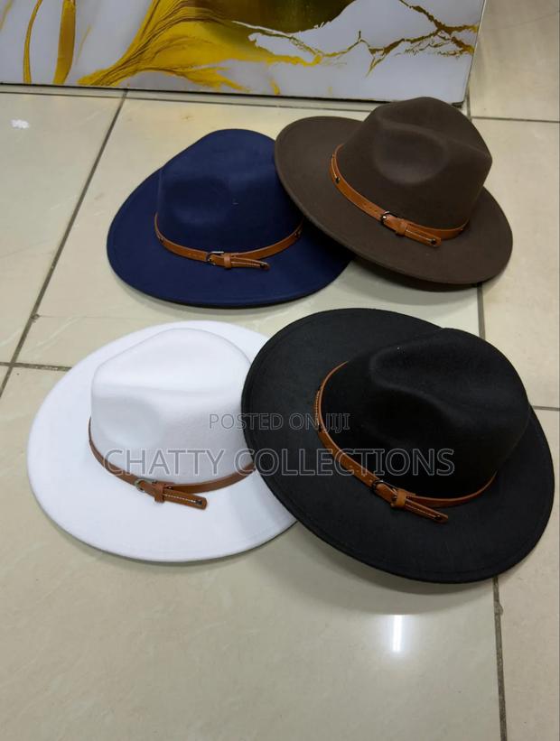 Unisex Wide Brim Fedora Hats With Brown Leather Strap