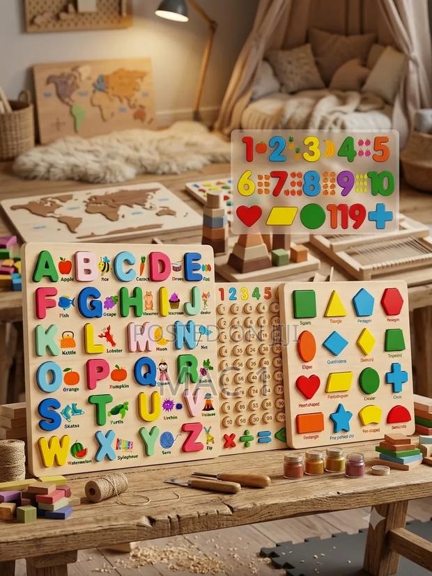 3-Piece Kids Wooden Educational Board Set – Alphabet, Numbers Shapes