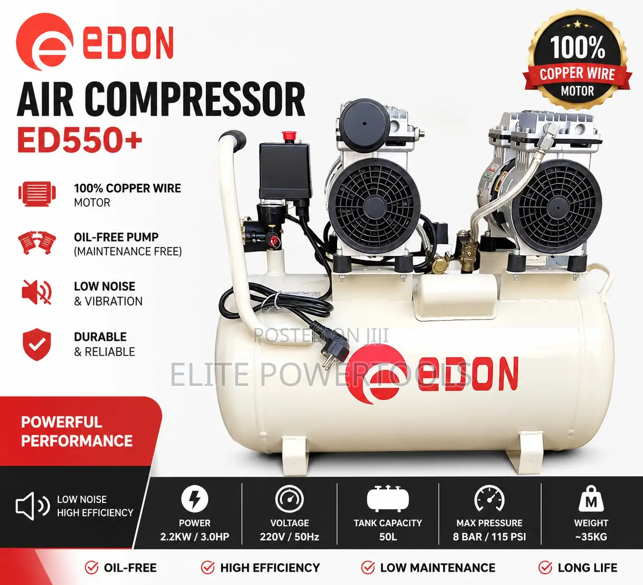 Edon 50l Heavy Duty Double Head Silent Air Compressor