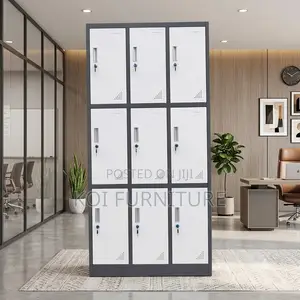 Office Cabinet; Nine Lockers Gray Filing Office Storage Cabinet