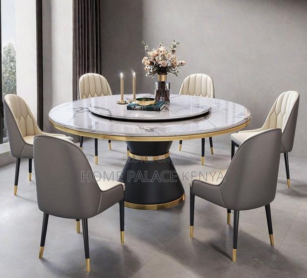 Dining Set: Marble Turntable Top With Metal Foot Pedestal Dining Set