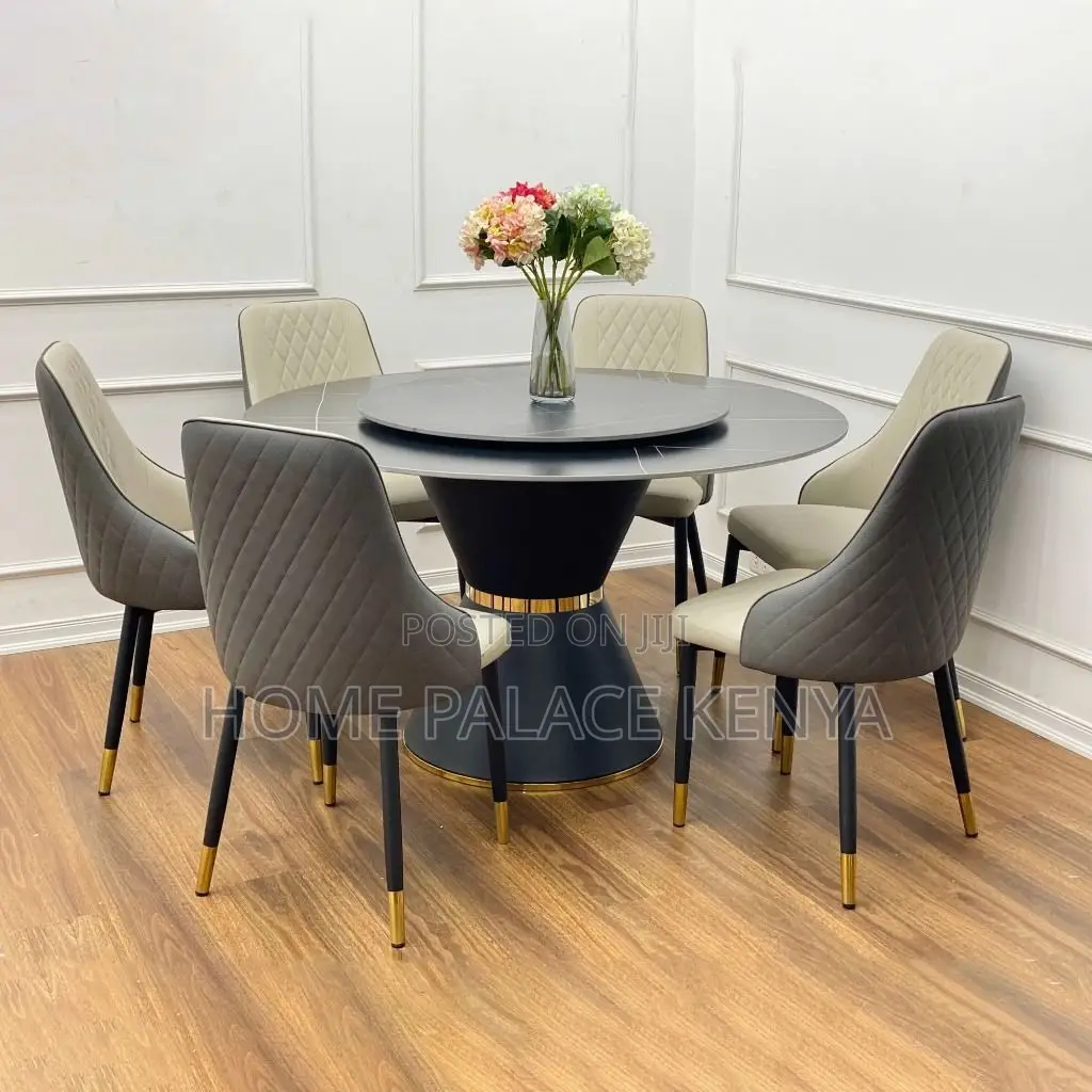 Dining Set: Marble Turntable Top With Metal Foot Pedestal Dining Set