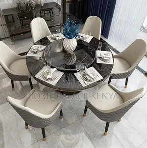 Dining Set: Marble Turntable Top With Metal Foot Pedestal Dining Set