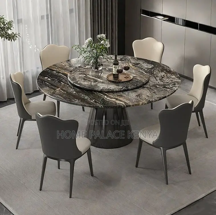 Dining Set: Marble Turntable Top With Metal Foot Pedestal Dining Set
