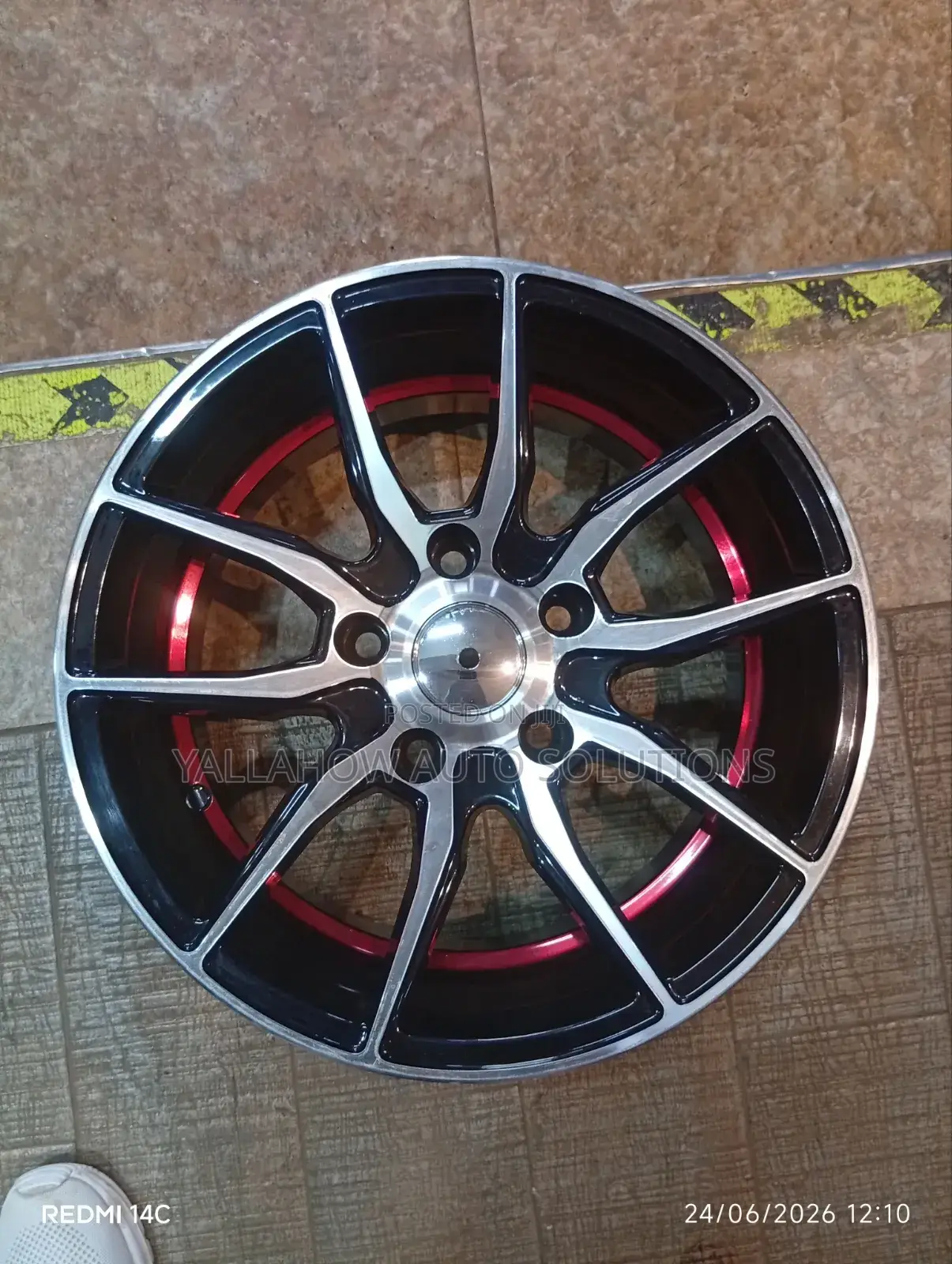 15-Inch 5-Hole Black Machined Split-Spoke Rim With Red Inner Lip
