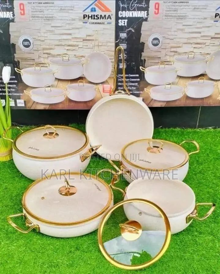 Phisma 9-Piece Premium Granite Non-Stick Cookware Set - Cream Gold