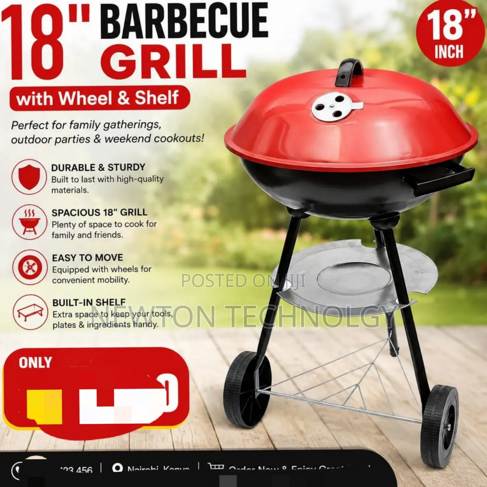 Size 18" Barbeque Grill With Wheel and Shelf