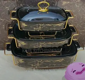 3-Piece Ceramic Chafing Dishes Food Warmer Set - Black Gold M