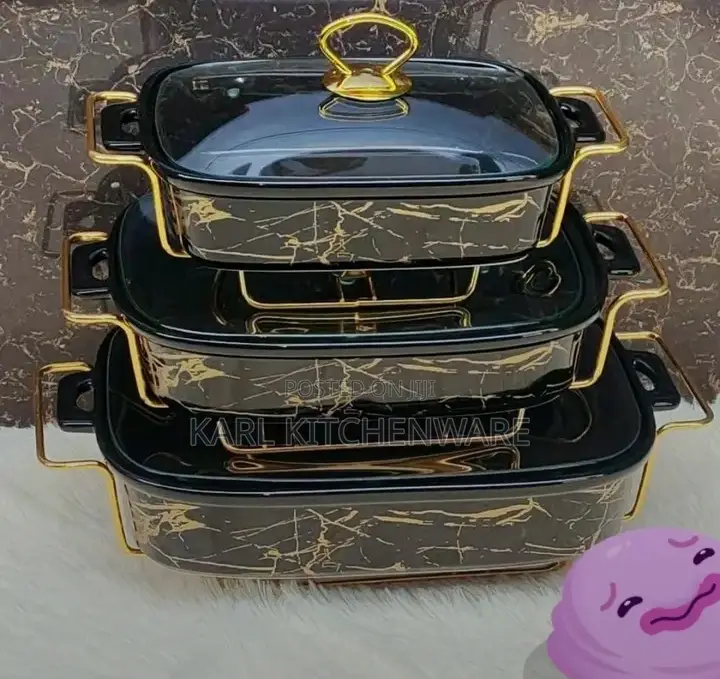 3-Piece Ceramic Chafing Dishes Food Warmer Set - Black Gold M