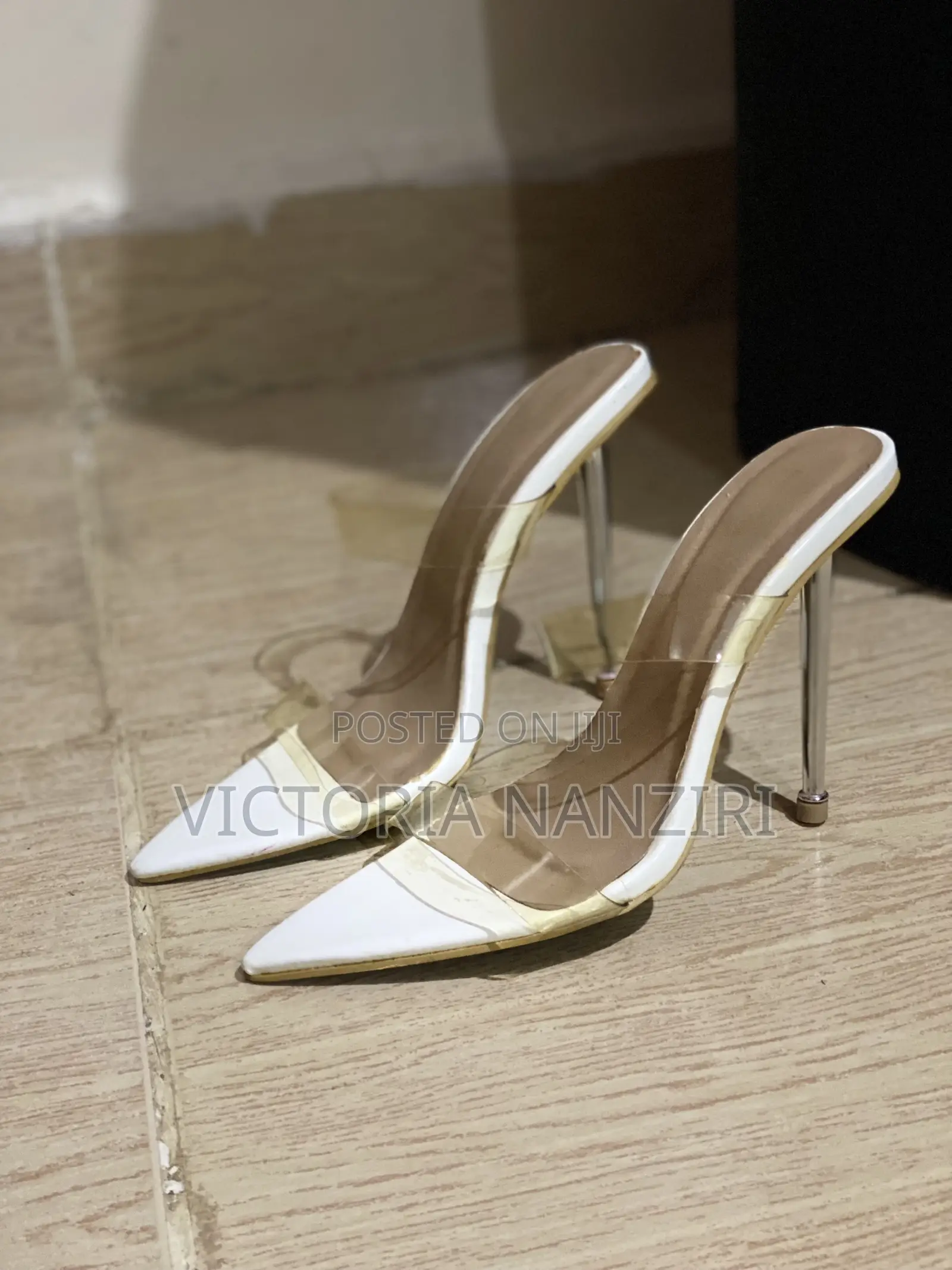 PLT Clear Strap White Stiletto Heels