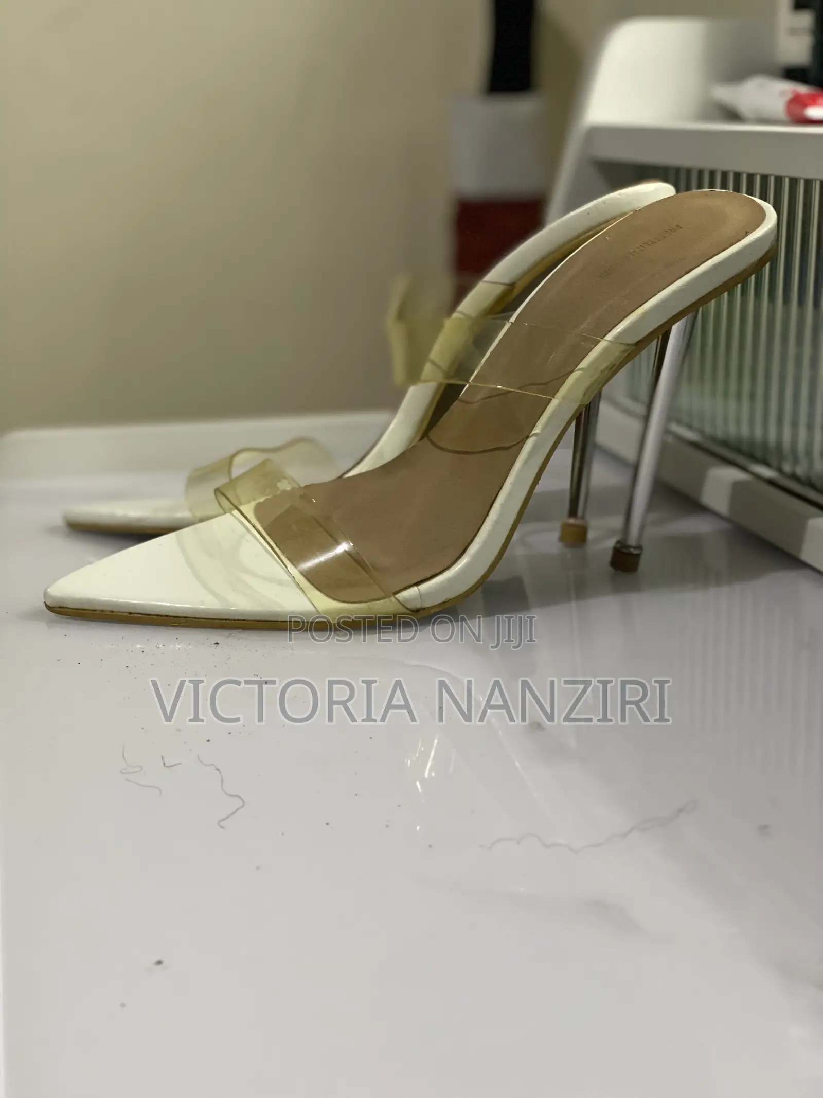 PLT Clear Strap White Stiletto Heels