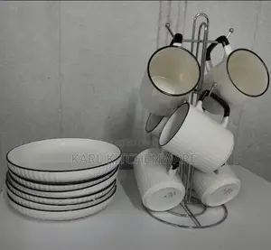 13-Piece Premium Ribbed Ceramic Coffee Mug Saucer Set