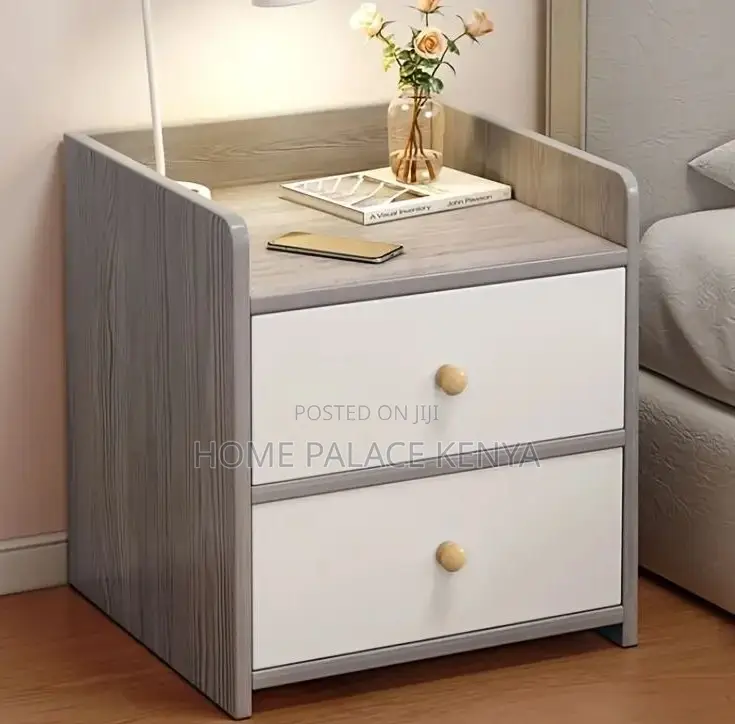 Nightstand: Gray Wood Grain Stand With White Drawers