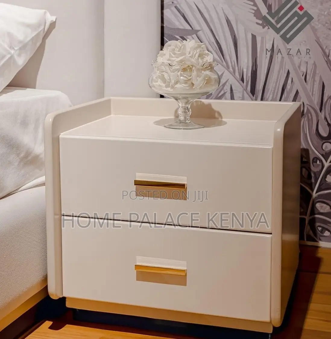Nightstand: Gray Wood Grain Stand With White Drawers