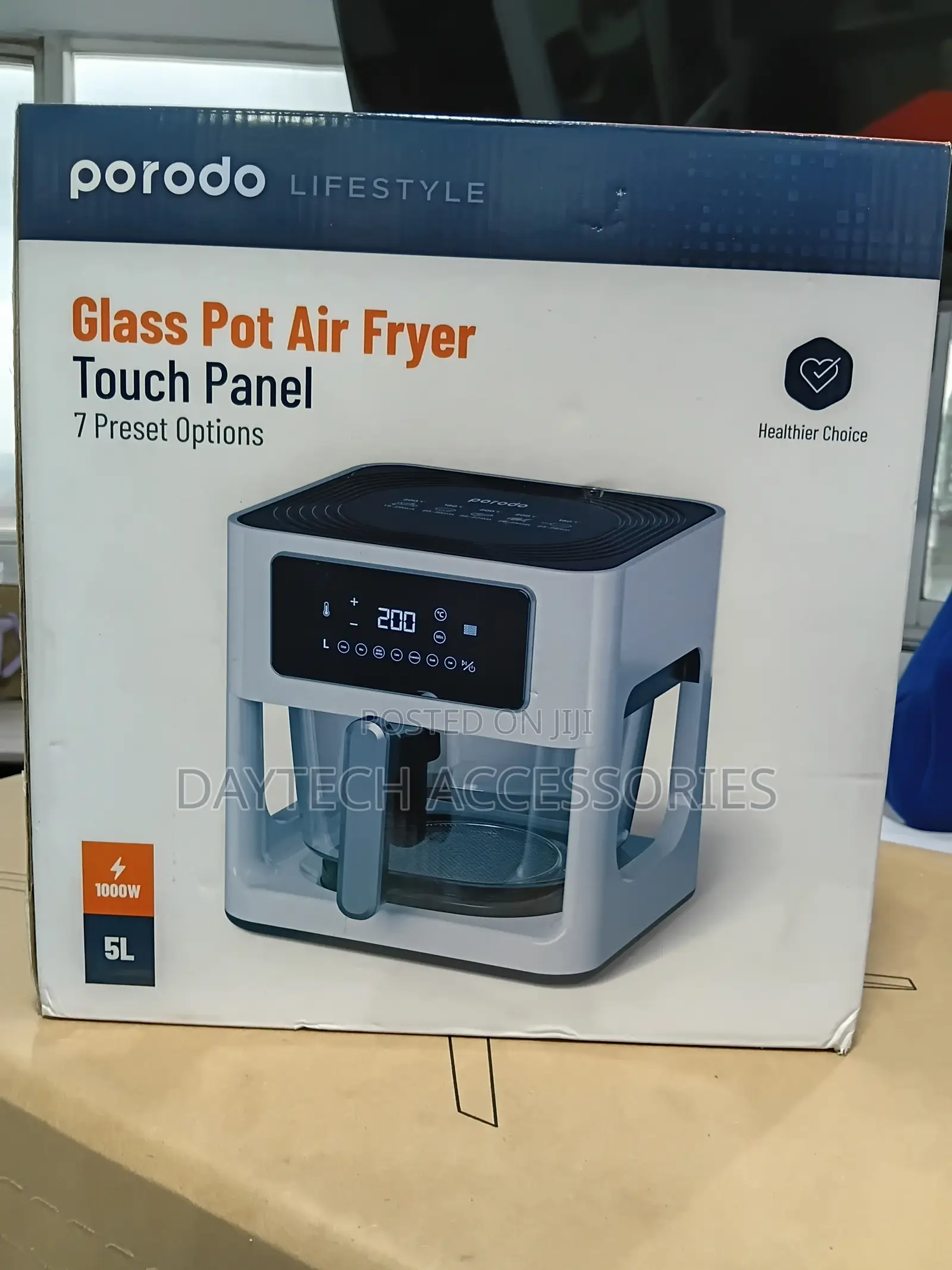 Porodo* Lifestyle Glass Pot Air Fryer Touch Panel 7 Preset Options.