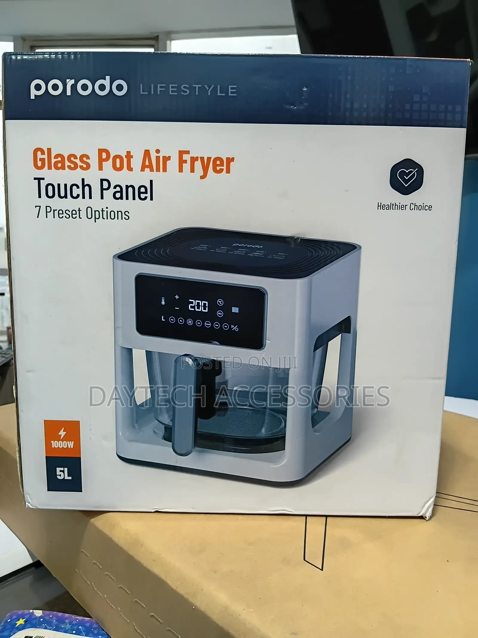 Porodo* Lifestyle Glass Pot Air Fryer Touch Panel 7 Preset Options.