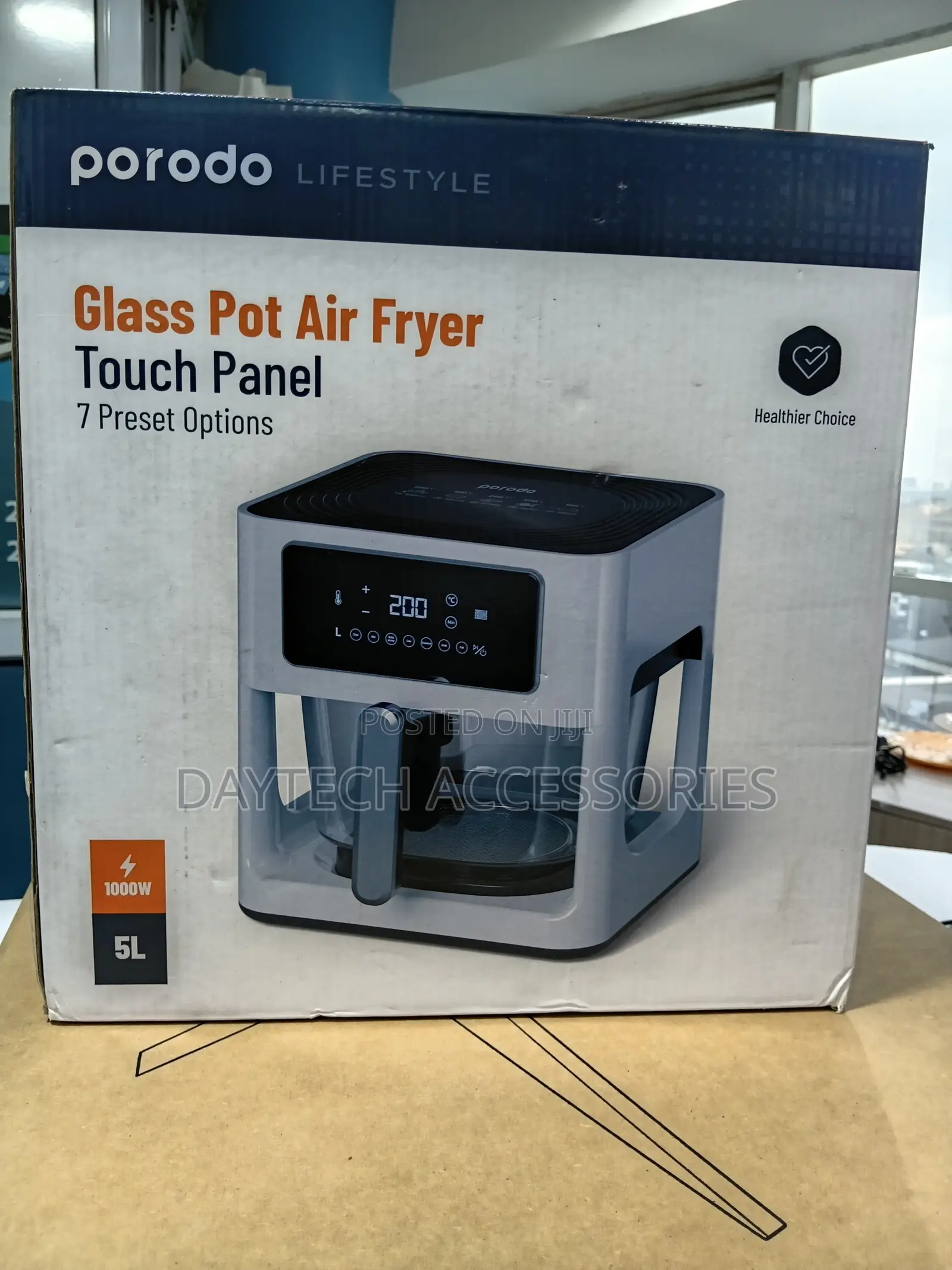 Porodo* Lifestyle Glass Pot Air Fryer Touch Panel 7 Preset Options.
