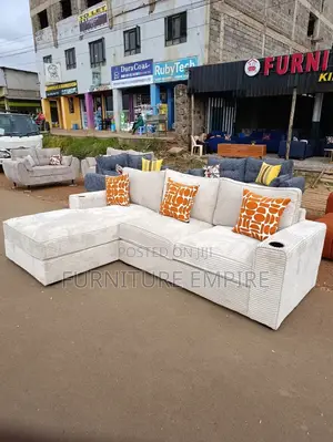 6 Seater L-Shaped Beige Corduroy Sofa
