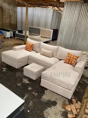 6 Seater L-Shaped Beige Sofa With Footrest