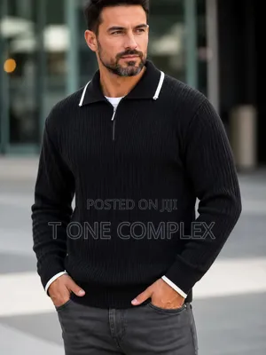 Men’S Polo Collar Knit Sweater – Quarter Zip Ribbed Jersey Black/Green