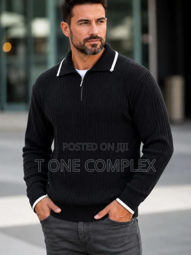 Men’S Polo Collar Knit Sweater – Quarter Zip Ribbed Jersey Black/Green
