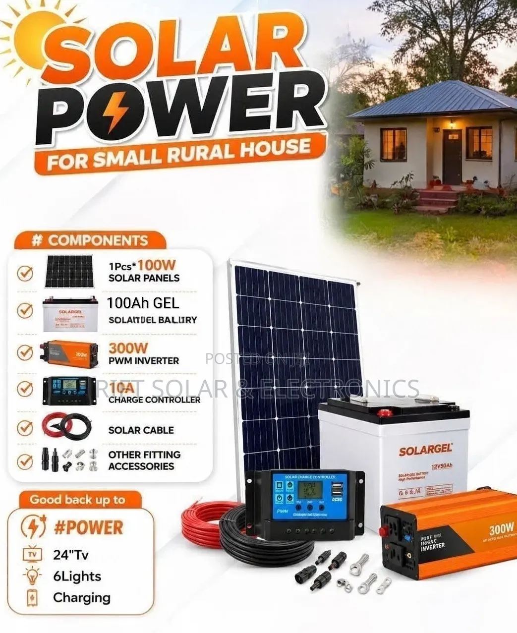 100 Watts - 100ah Battery - 300w Inverter - 10a Controller - 10m Cable