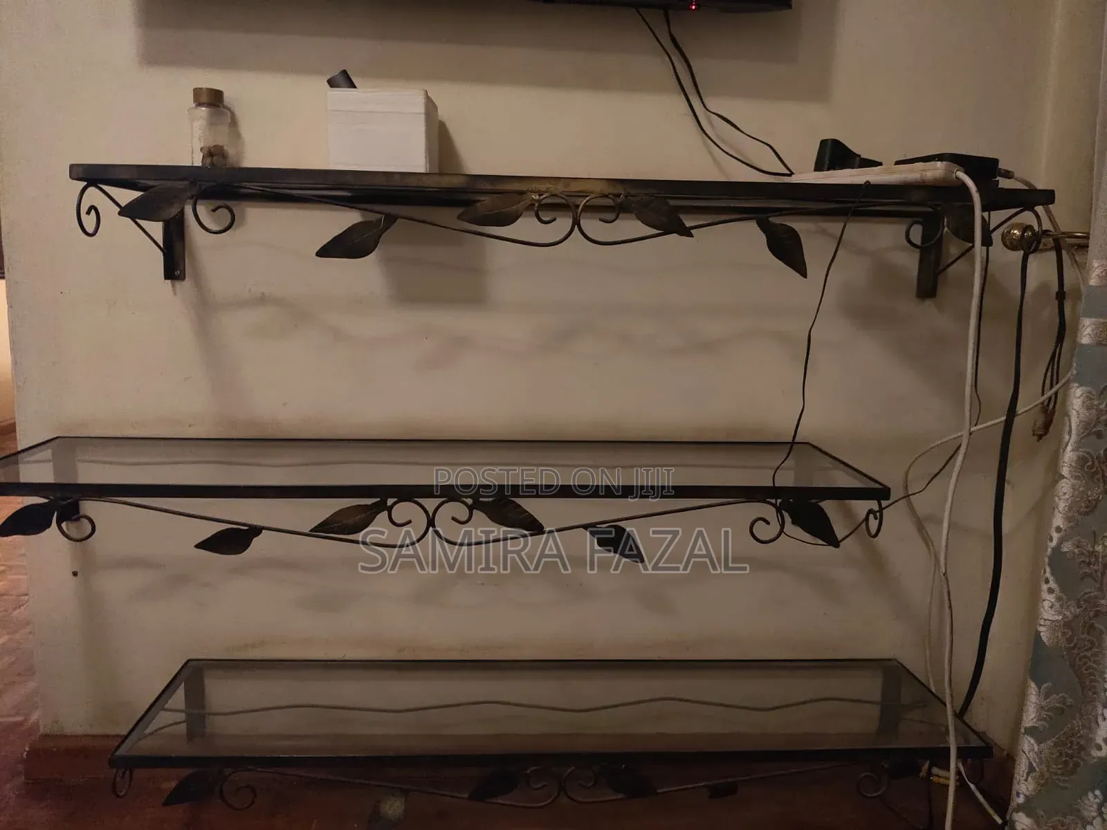 Wrought Iron Wall Self With Glass Leaf Shaped Accent .